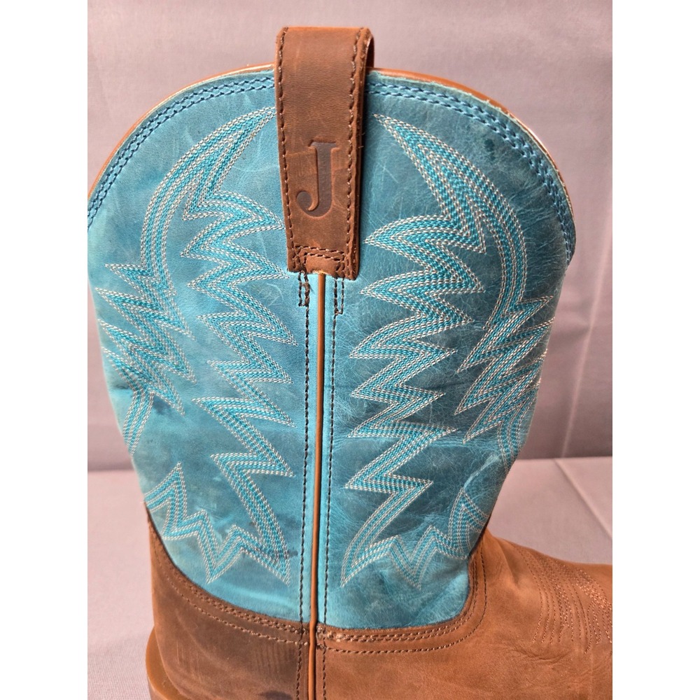 Justin Cowboy Boots Mens 11.5D Brown Blue Big Bucks Wide Square Toe Vibram Sole - Picture 11 of 15